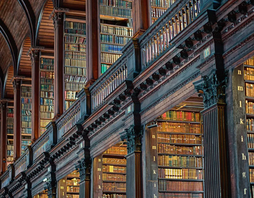 Two storeys of dark oak bookshelves in the Long Room of Trinity College Library, Dublin